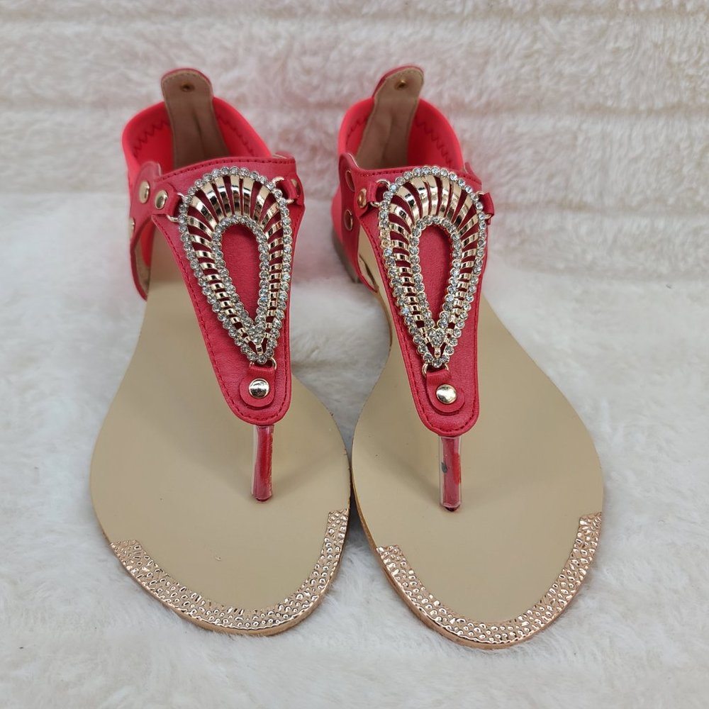 Red Summer Sandals With Rhinestone Toe Strap - Picture 3 of 7
